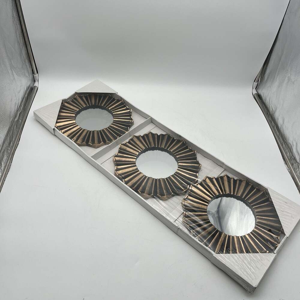 Set of 3 Sunburst Wall Mirrors Black Gold Round 9” Boho Home Decor
